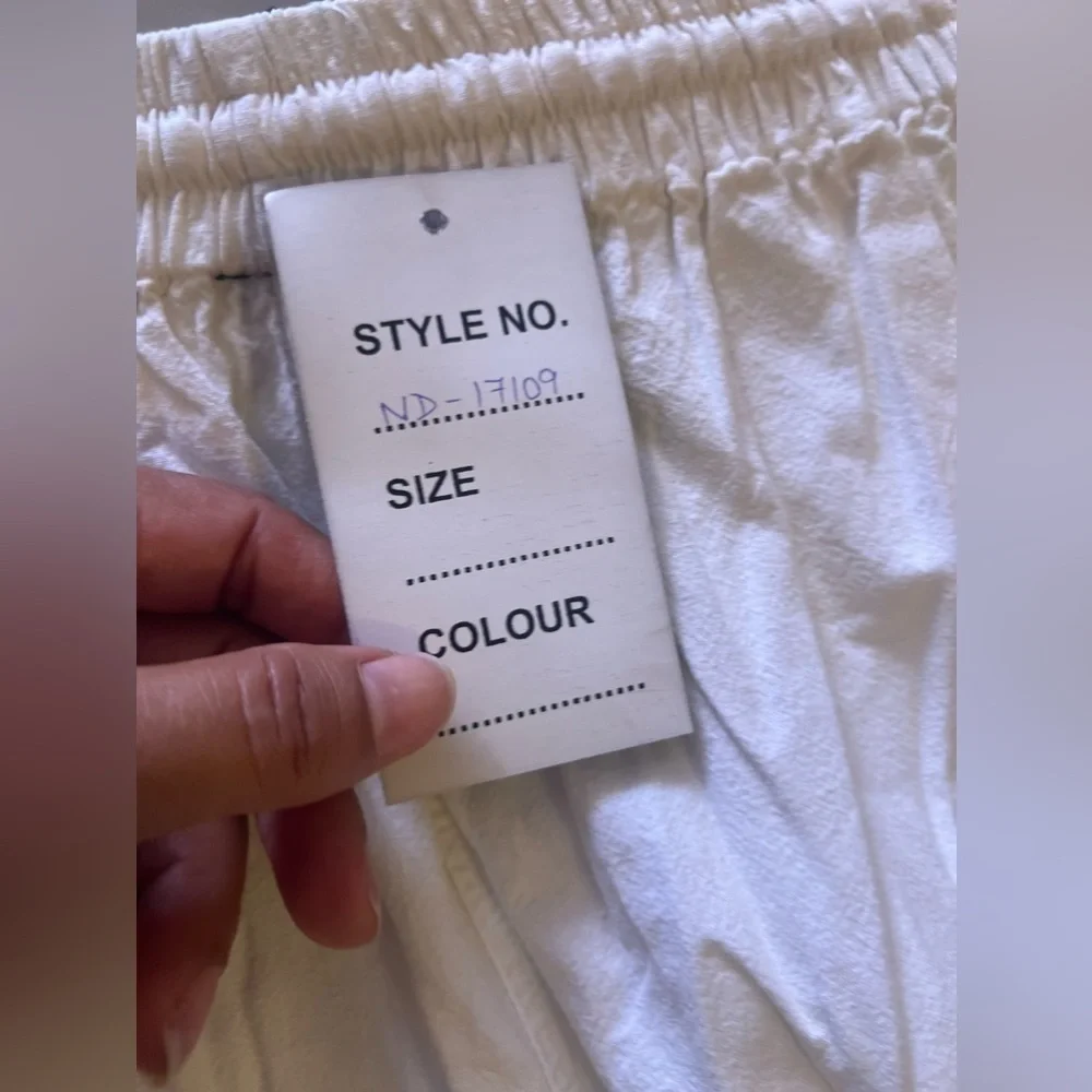 Cargo pants sample Nancy-R women cargo pants white elastic waist tie cotton